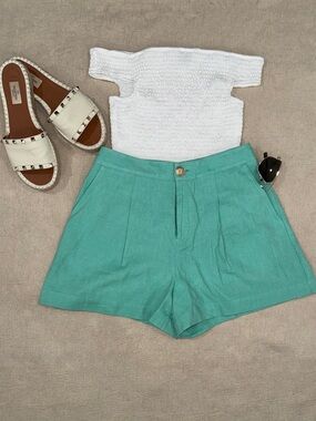 L'AGENCE Teal High-Waist Pleated Linen Shorts